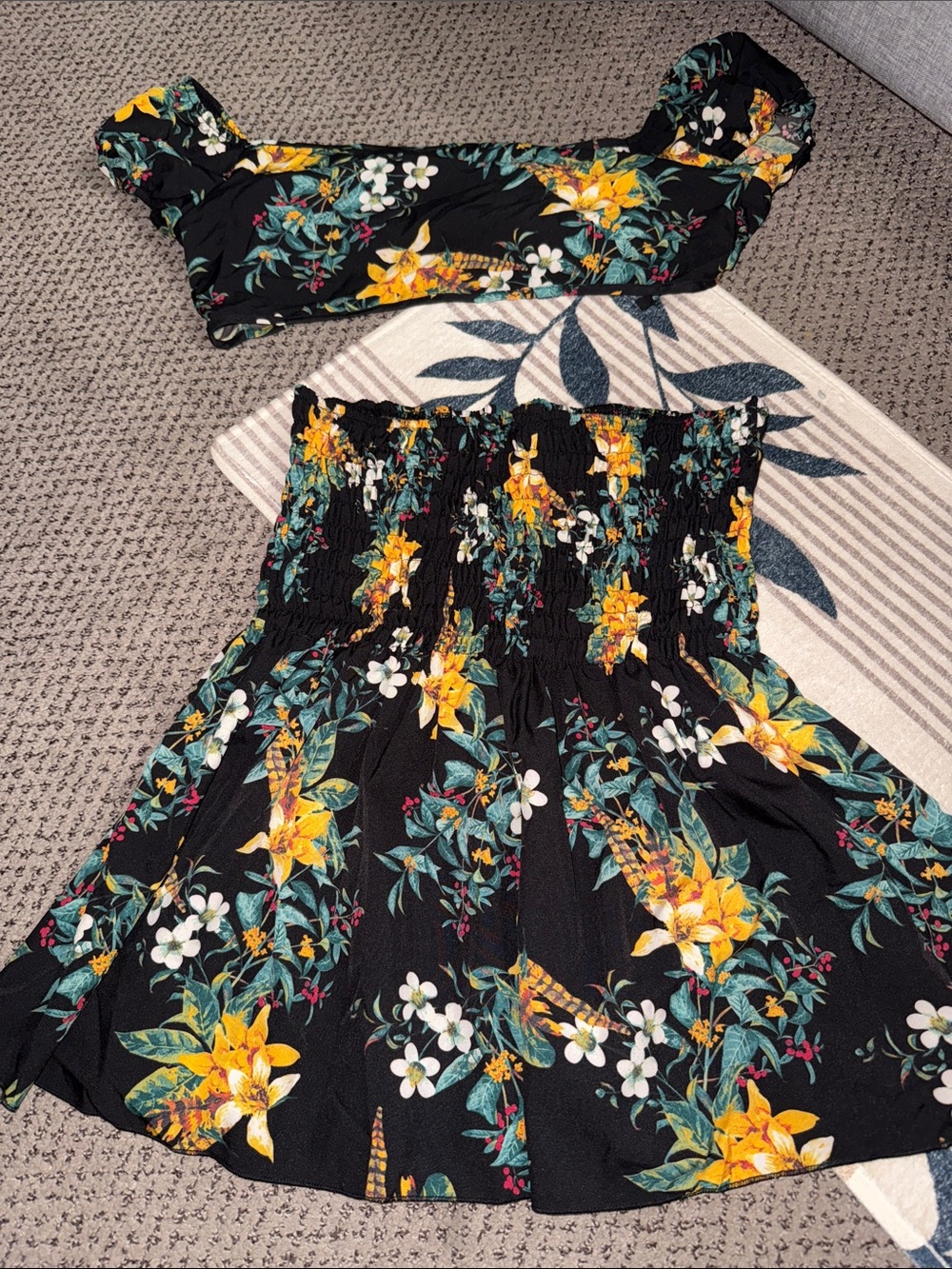 Black Floral Smocked Waist Skirt - Yellow & Green Floral Print